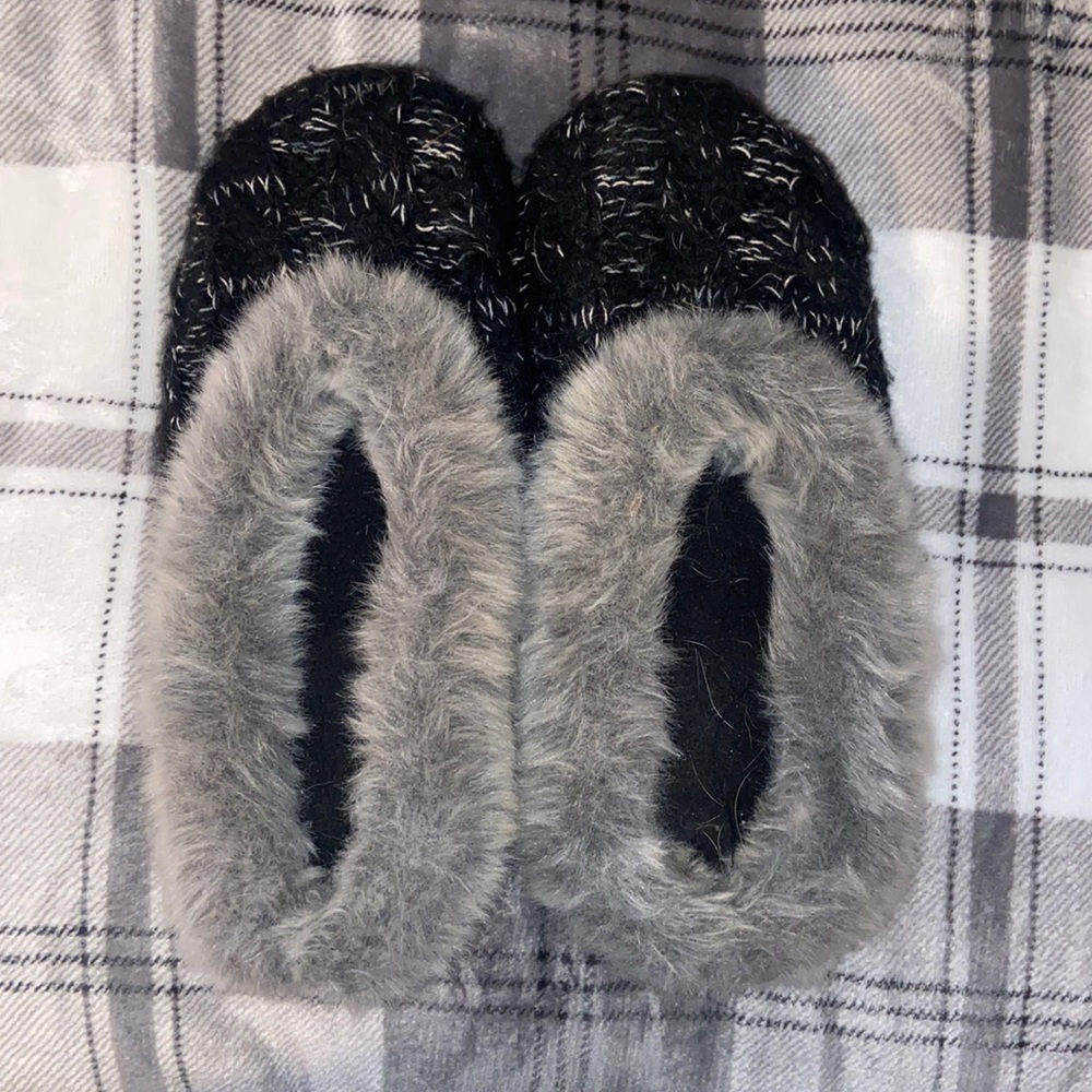 black and grey furry slippers